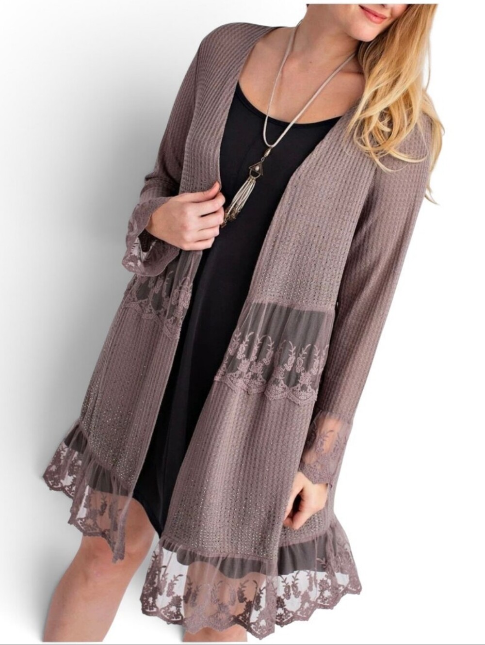 VOCAL Gray Waffle Knit Lace & Rhinestone Detail Long Line Cardigan - 2XL